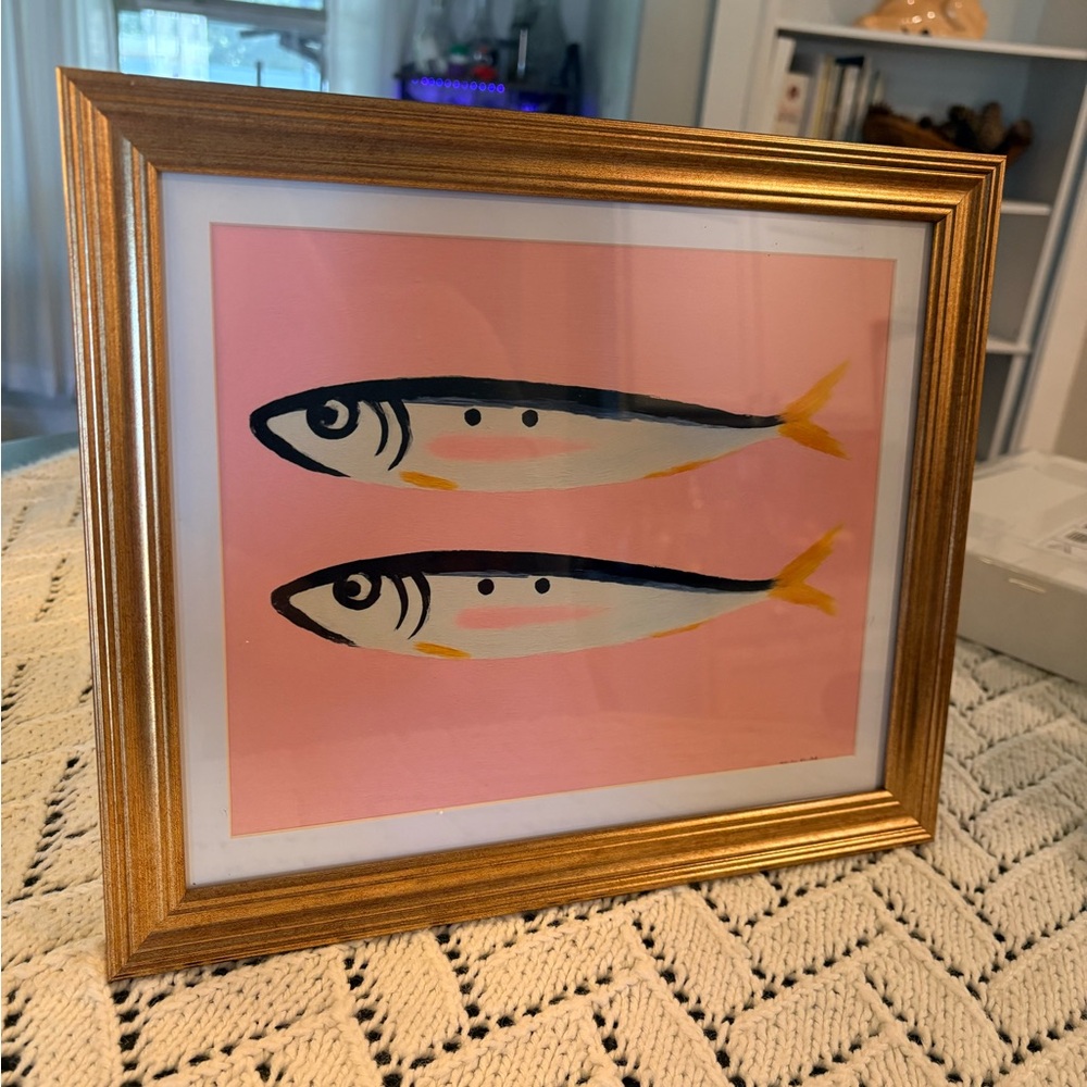 Framed Sardine Art Pink Fish Wall Decor Gold Frame